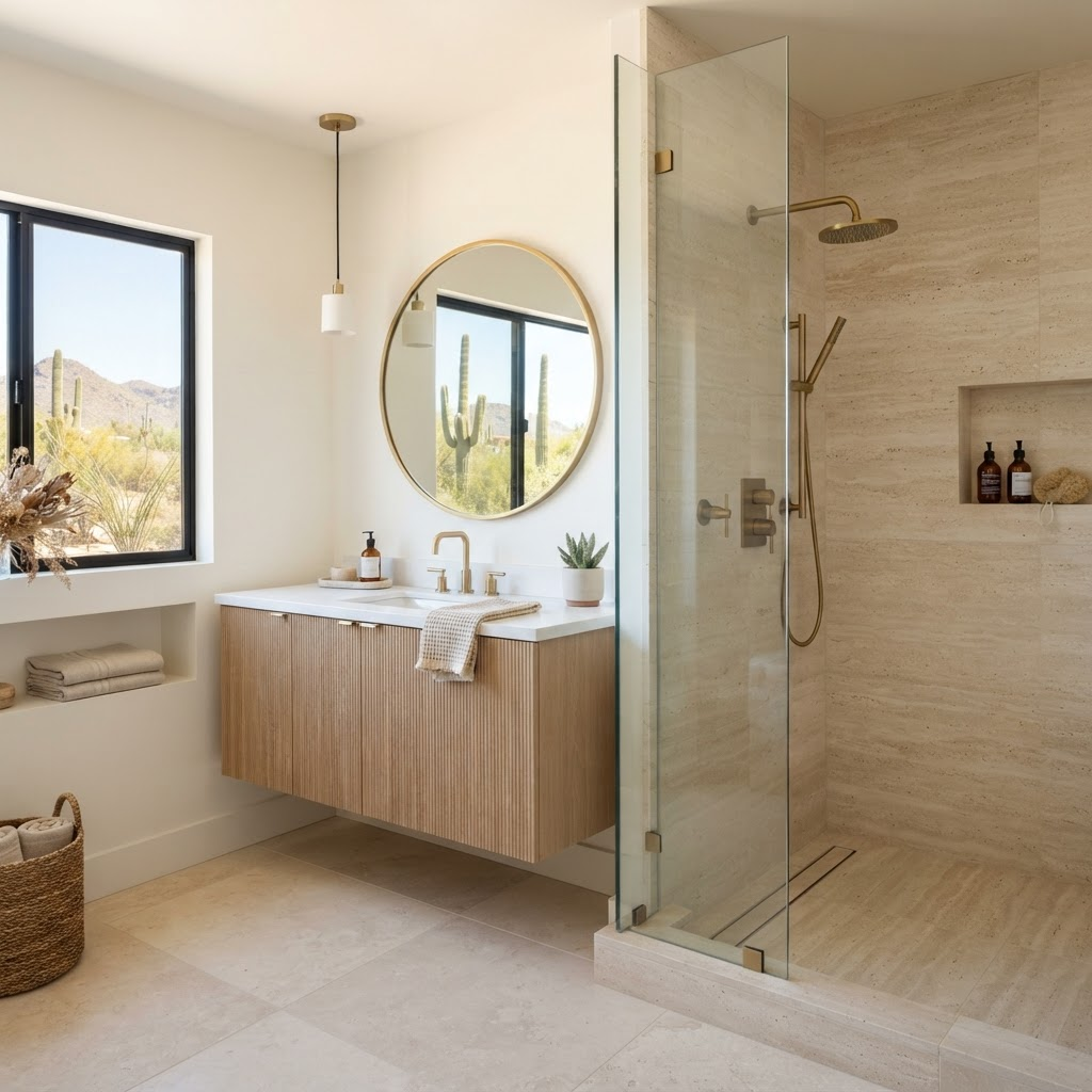 Laveen bathroom remodeling with tiled shower and custom vanity