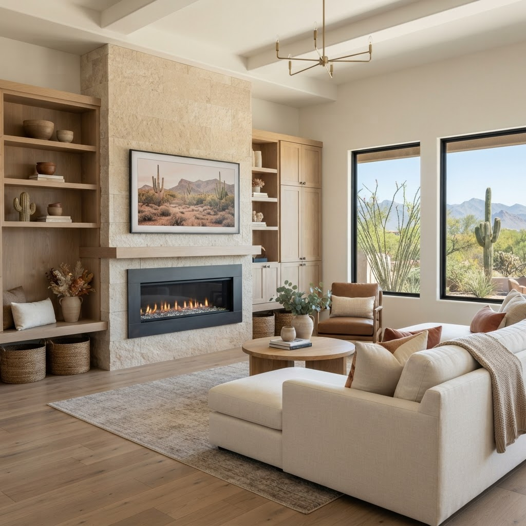 Laveen living room remodel with built-in entertainment wall and fireplace